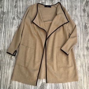 Zara tan Knit black faux leather trim sweater Jacket Size Medium